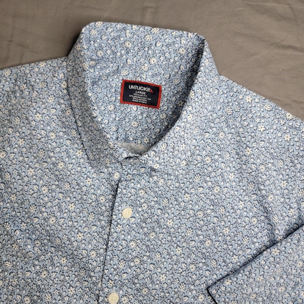 UNTUCKit Button Up Shirt Men Large Floral Blue Performance Stretch Short Sleeve